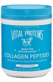 blue container of Vital Proteins grass fed pasture raised collagen peptides