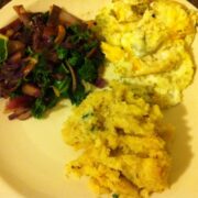 plate of healthy food with eggs roasted garlic mashed cauliflower