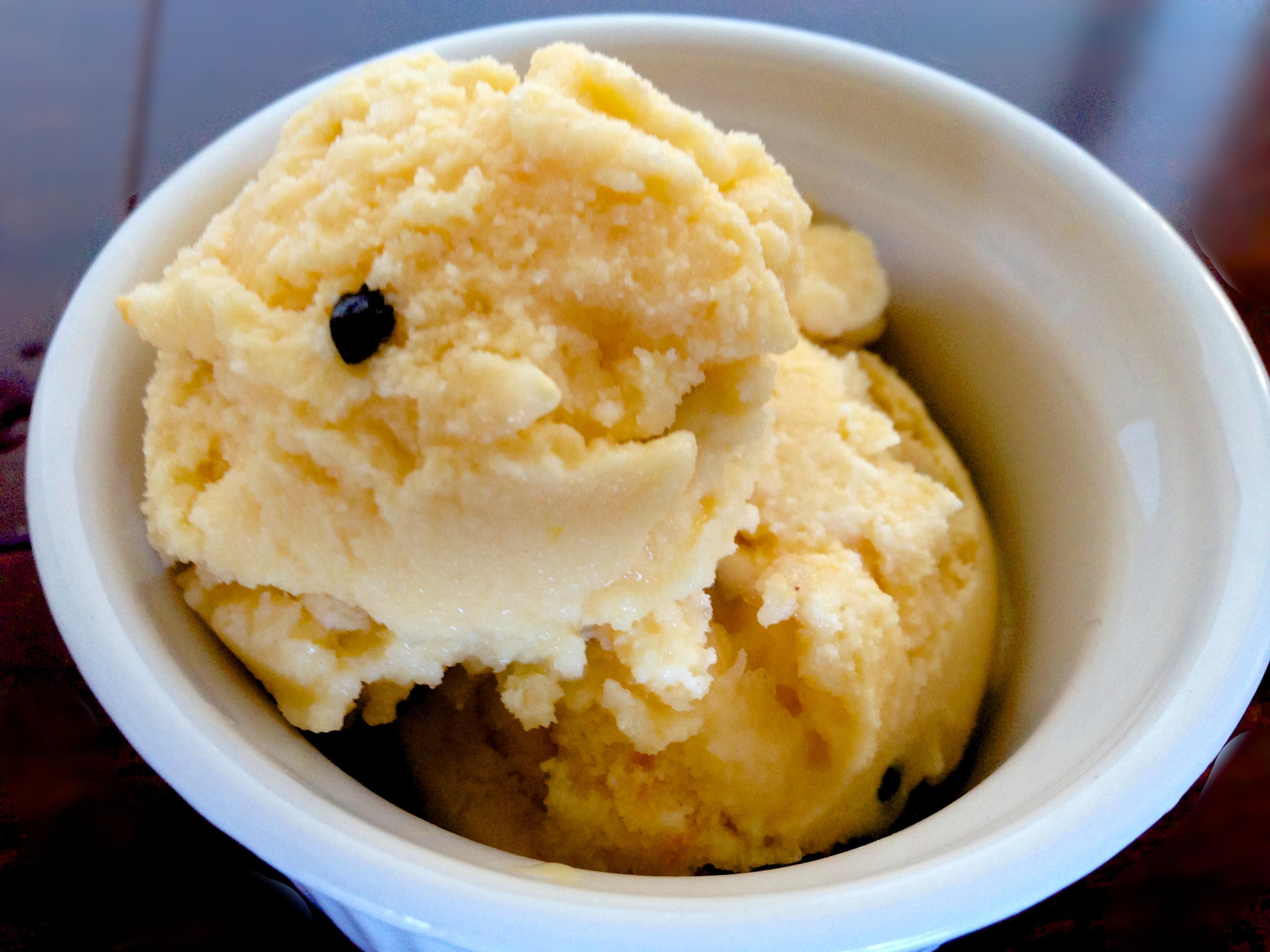 close up of a small white round dish of passion fruit ice cream 