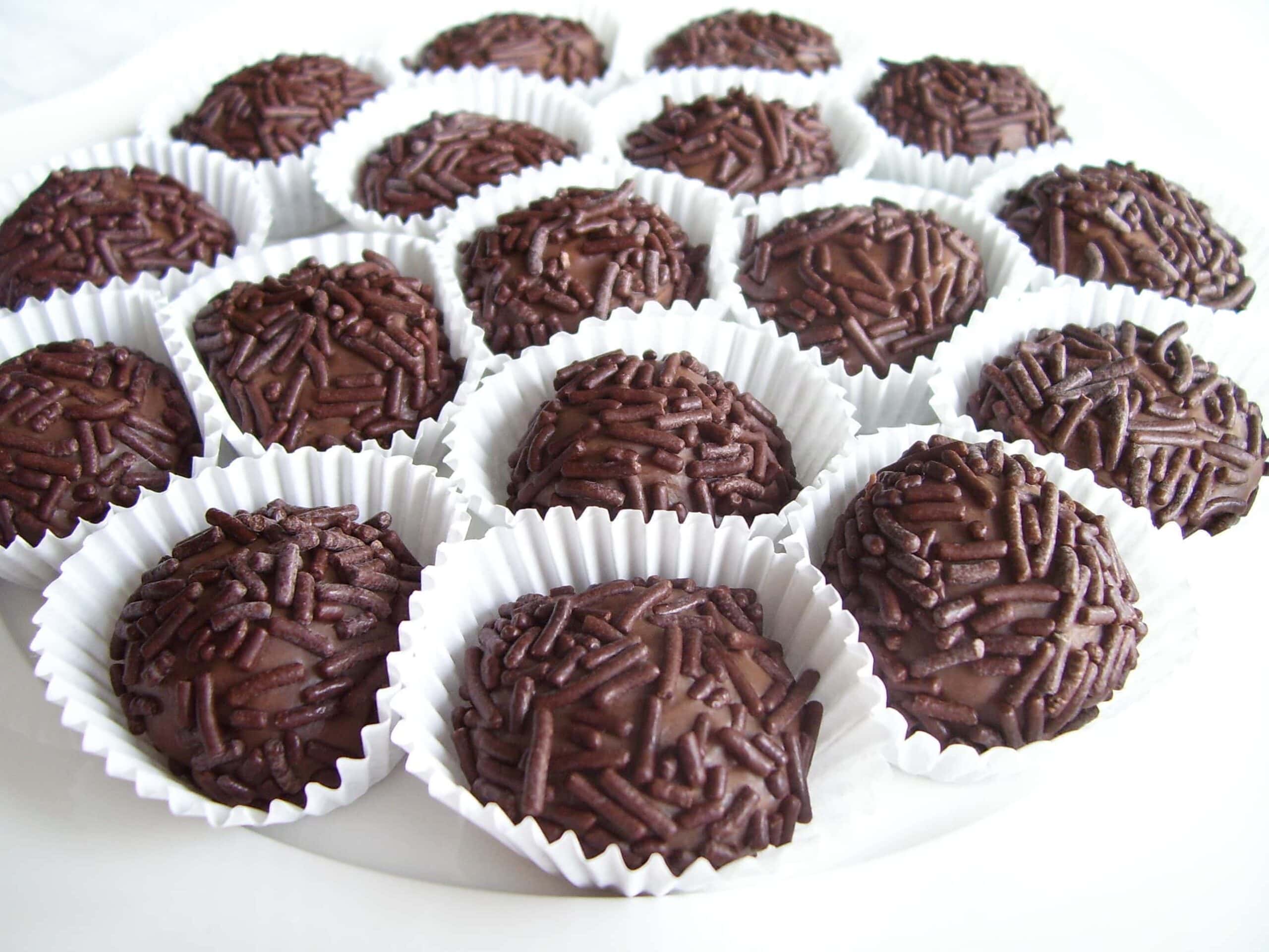 close up of numerous Brazilian chocolate truffles also known as Brigadeiro