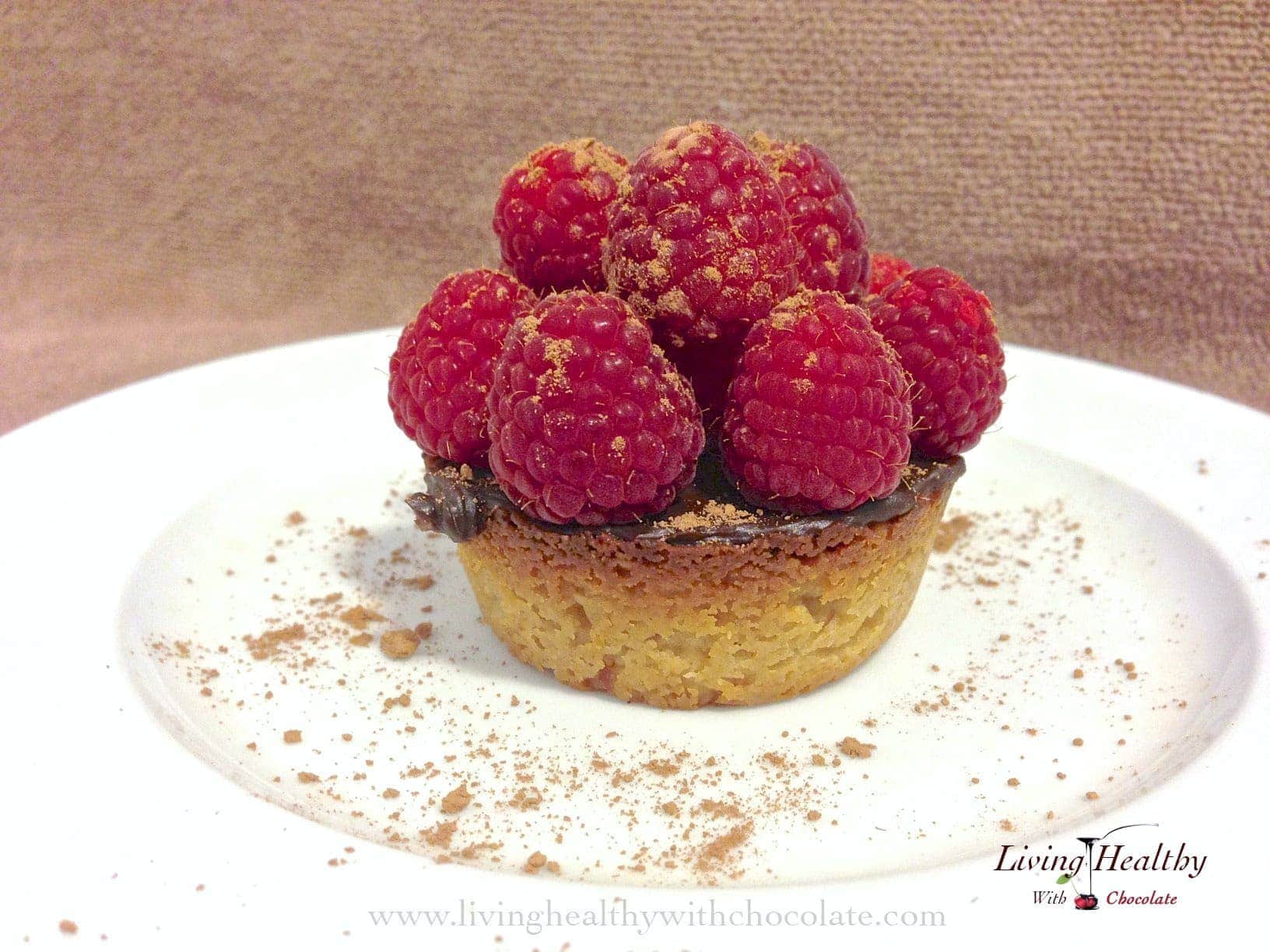 close up raspberry chocolate tart dusted with cacao powder on a round white plate