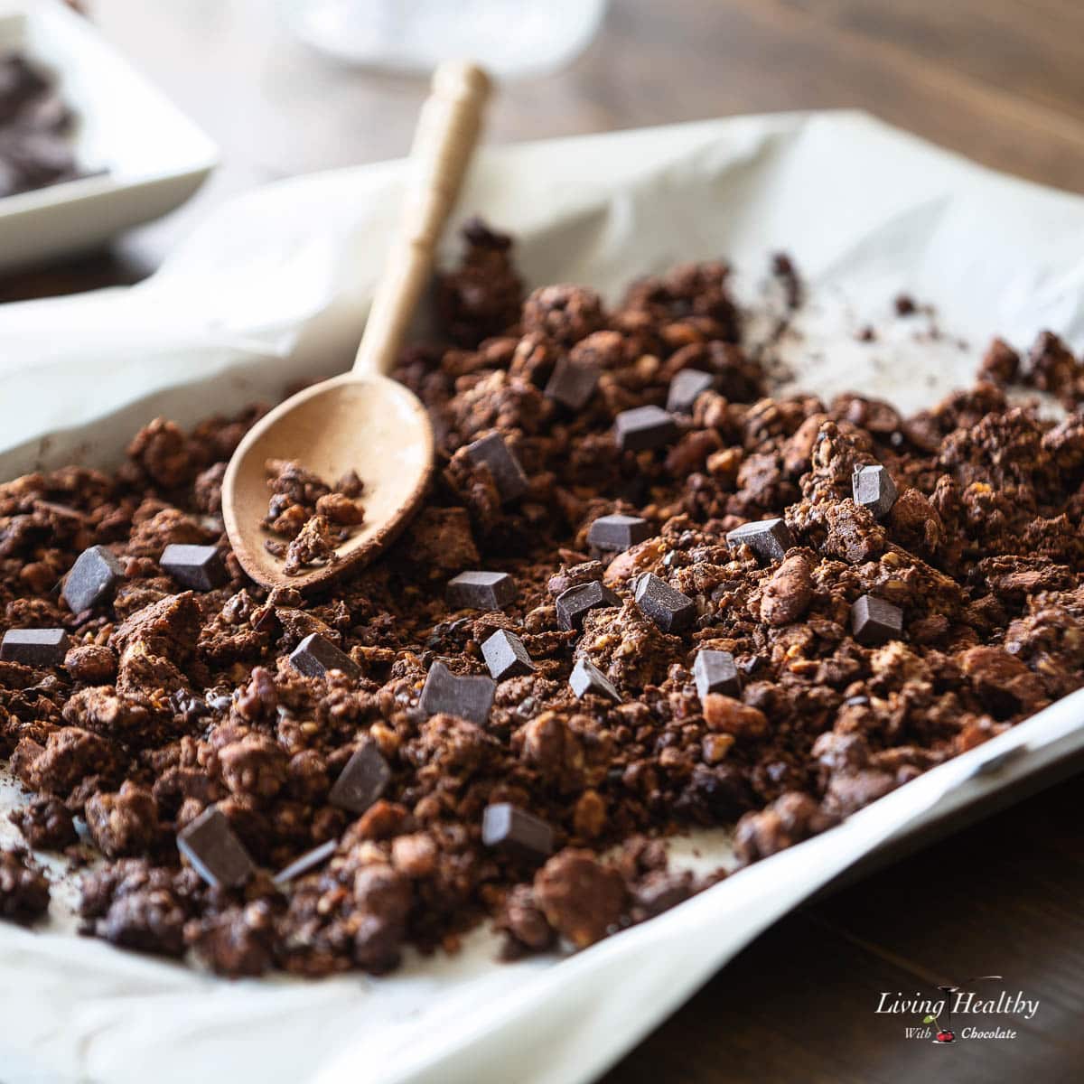 chocolate granola in a baking pan sprinkled with cacao nibs and chocolate chips and a wooded spoon on top.
