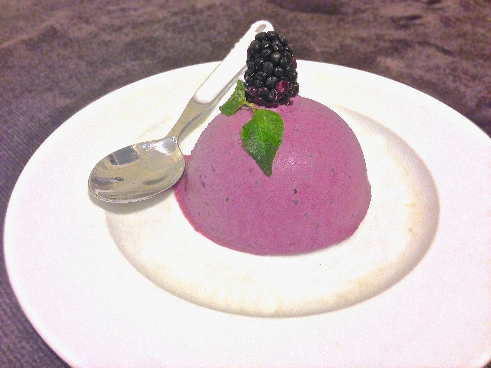 plate with piece of paleo blackberry and coconut condensed milk ice cream with one blackberry on top and spoon in background