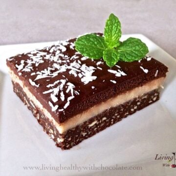 close up of chocolate macadamia triple layer brownie topped with shredded coconut and fresh mint