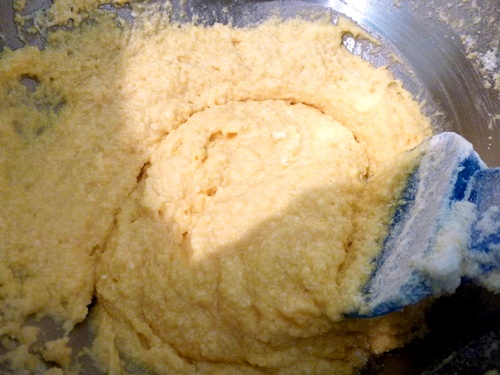 close up of batter for strawberry almond cupcake