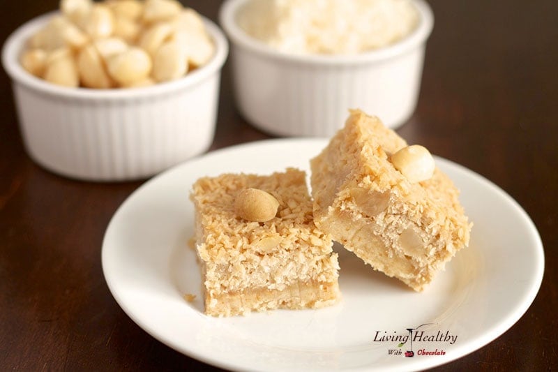 plate of paleo coconut macadamia nut bars with small dishes in background with macadamia nuts and shredded coconut