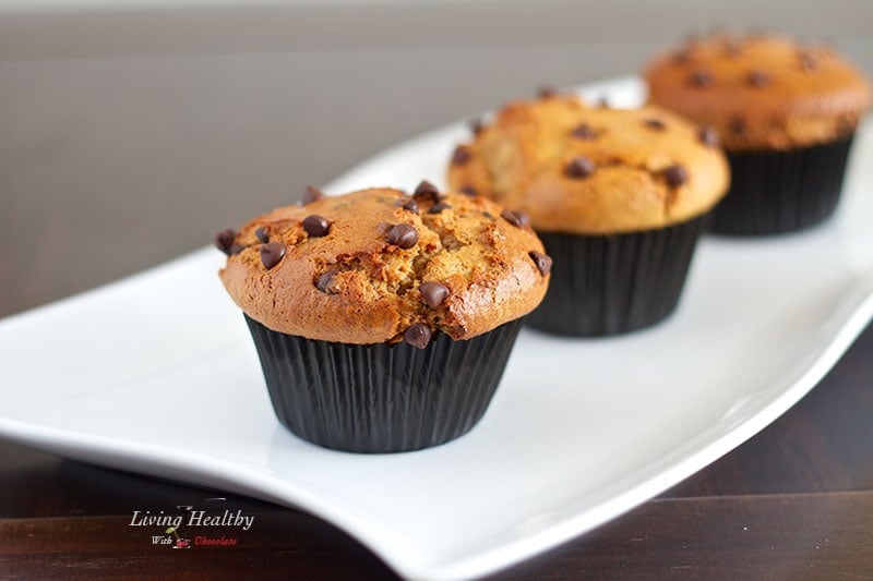 close up of two paleo flourless chocolate chip muffins on white plate. 