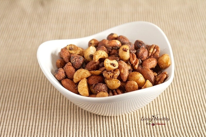 bowl of mixed nuts used in making cacao nut cluster 