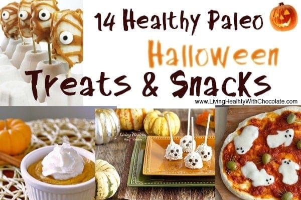 banner showing 14 healthy paleo halloween  treats and snacks