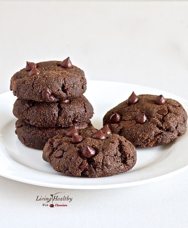 plate of homemade nutella filled double chocolate chip cookies with chocolate chips on top