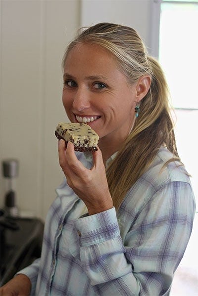 close up of Adriana Harlan eating a dessert 