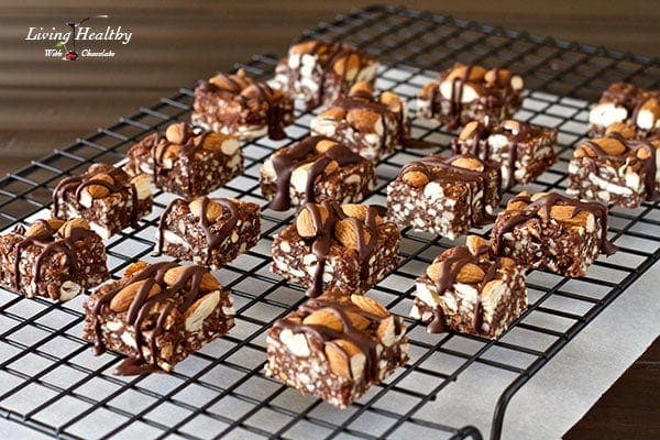 rows of paleo dark chocolate granola crunch bar squares cooling on a wire rack