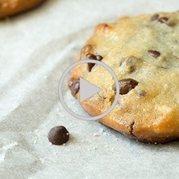 close up of a chocolate chip mac nut cookie