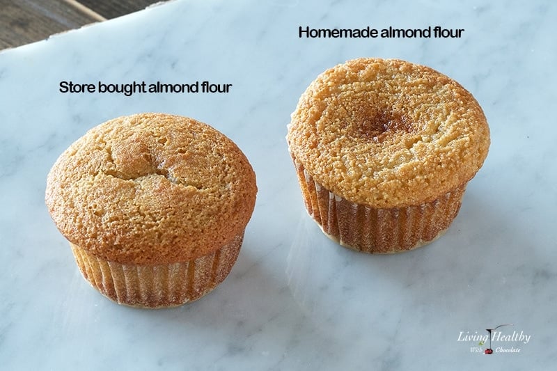 two almond flour muffins on marble table showing the difference between store bought and homemade almond flour 