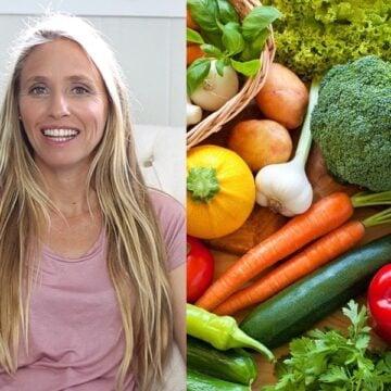Adriana Harlan smiling for camera on left and an assortment of vegetables on the right