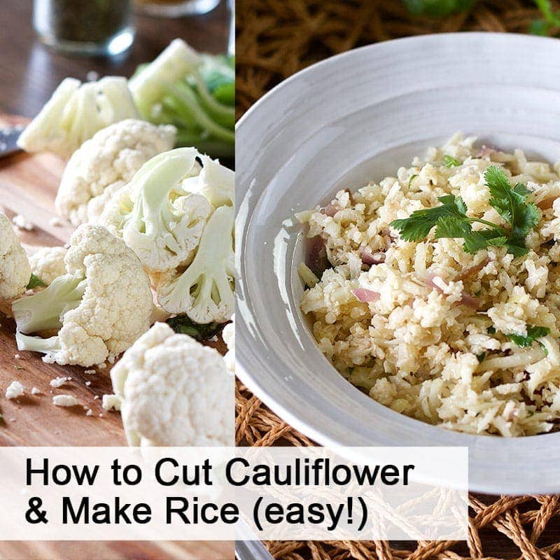 Bowl of cauliflower rice with cilantro on right and raw cut cauliflower on the left