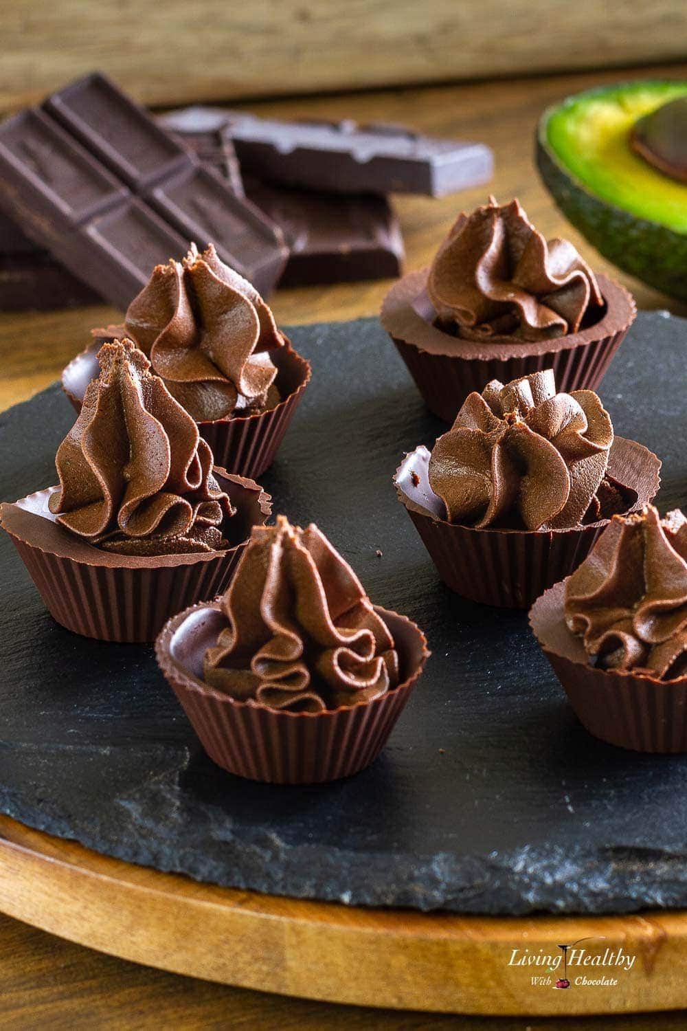 Chocolate Cups filled with a swirl of Avocado Chocolate Mousse.