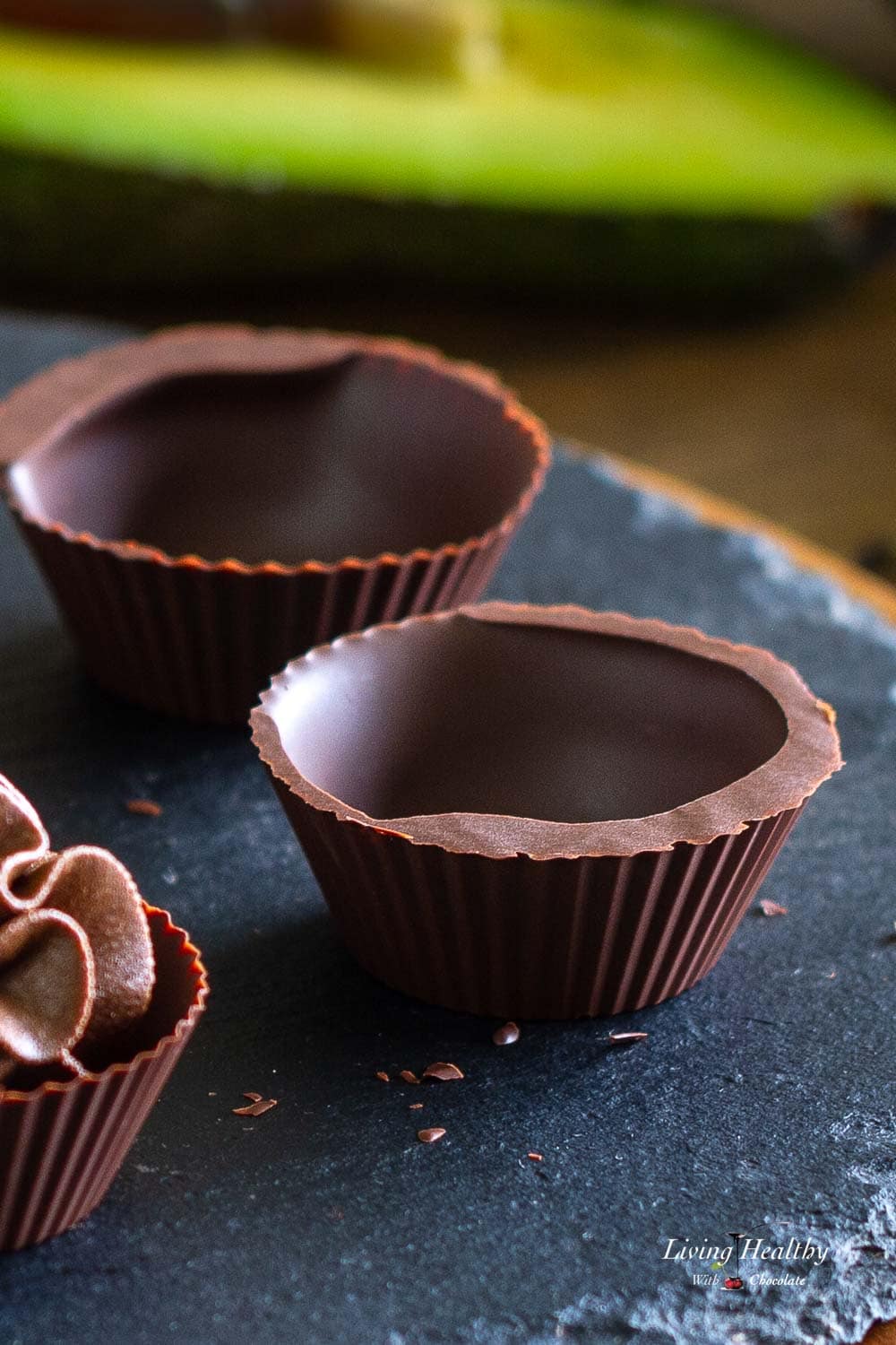Empty chocolate cups removed from silicone molds.