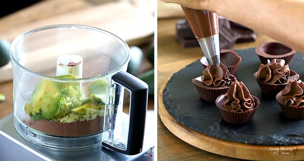 Making the mousse in the food processor and filling the chocolate cups with a piping bag.