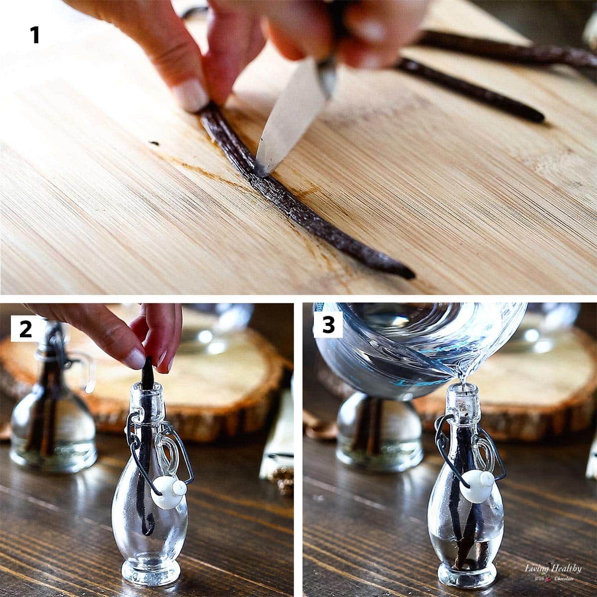 3 steps collage showing how to make vanilla extract