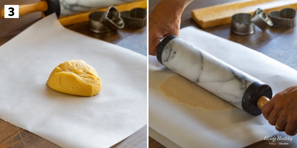 recipe step 3 rolling cookie dough with marble rolling pin in between sheets of parchment paper