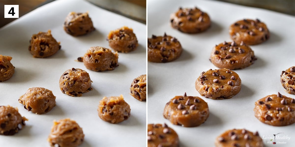 Flourless chocolate chip cookies recipe step 4 placing cookies dough on a baking sheet