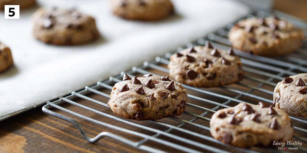 Flourless chocolate chip cookies recipe step 5 cooling baked cookies on a wire rack