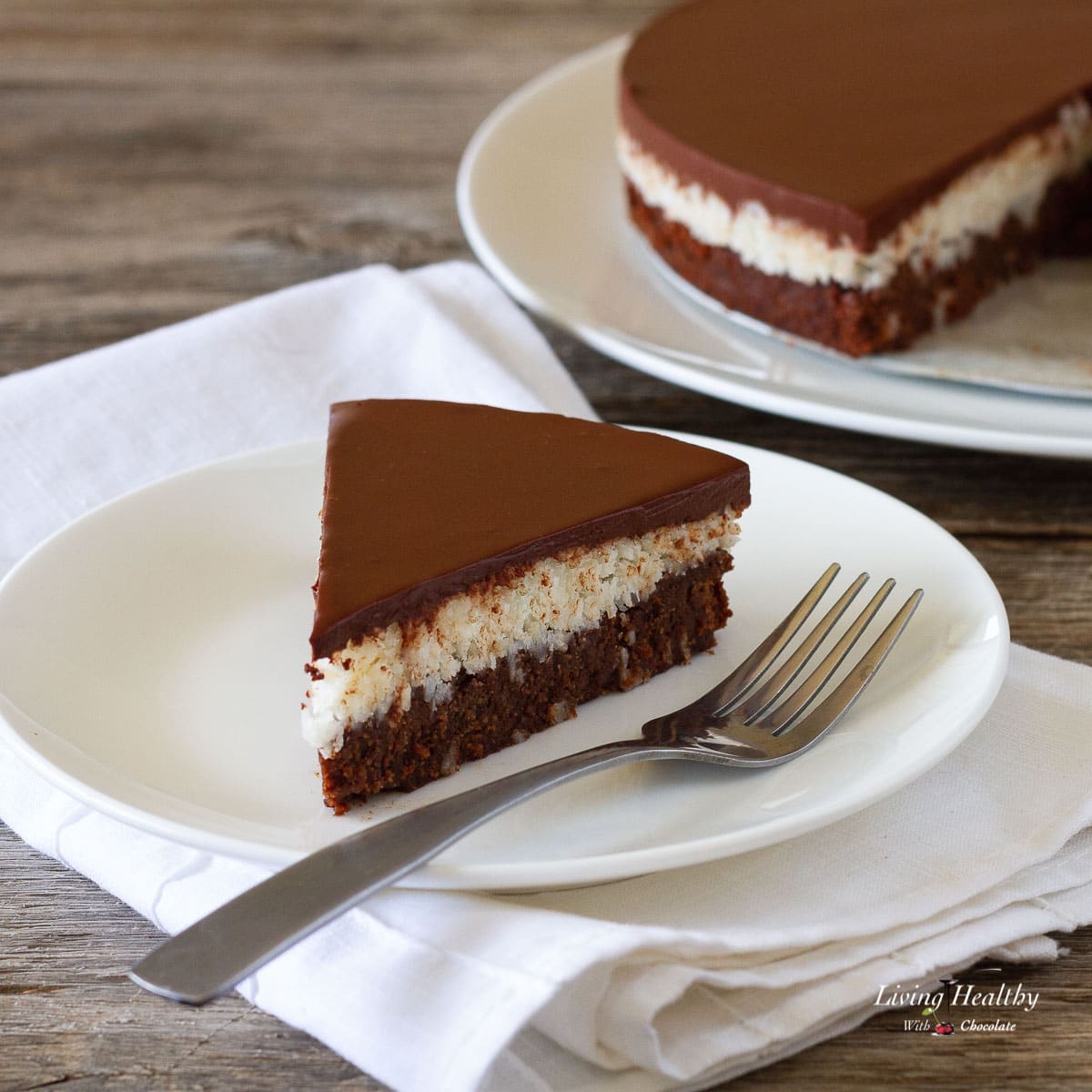 slice of paleo coconut chocolate cake on white plate with fork on wooden table and larger cake in background 