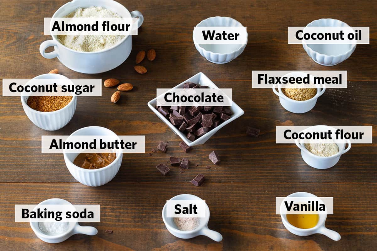 collage of all ingredients needed to make eggless chocolate chip cookies recipe