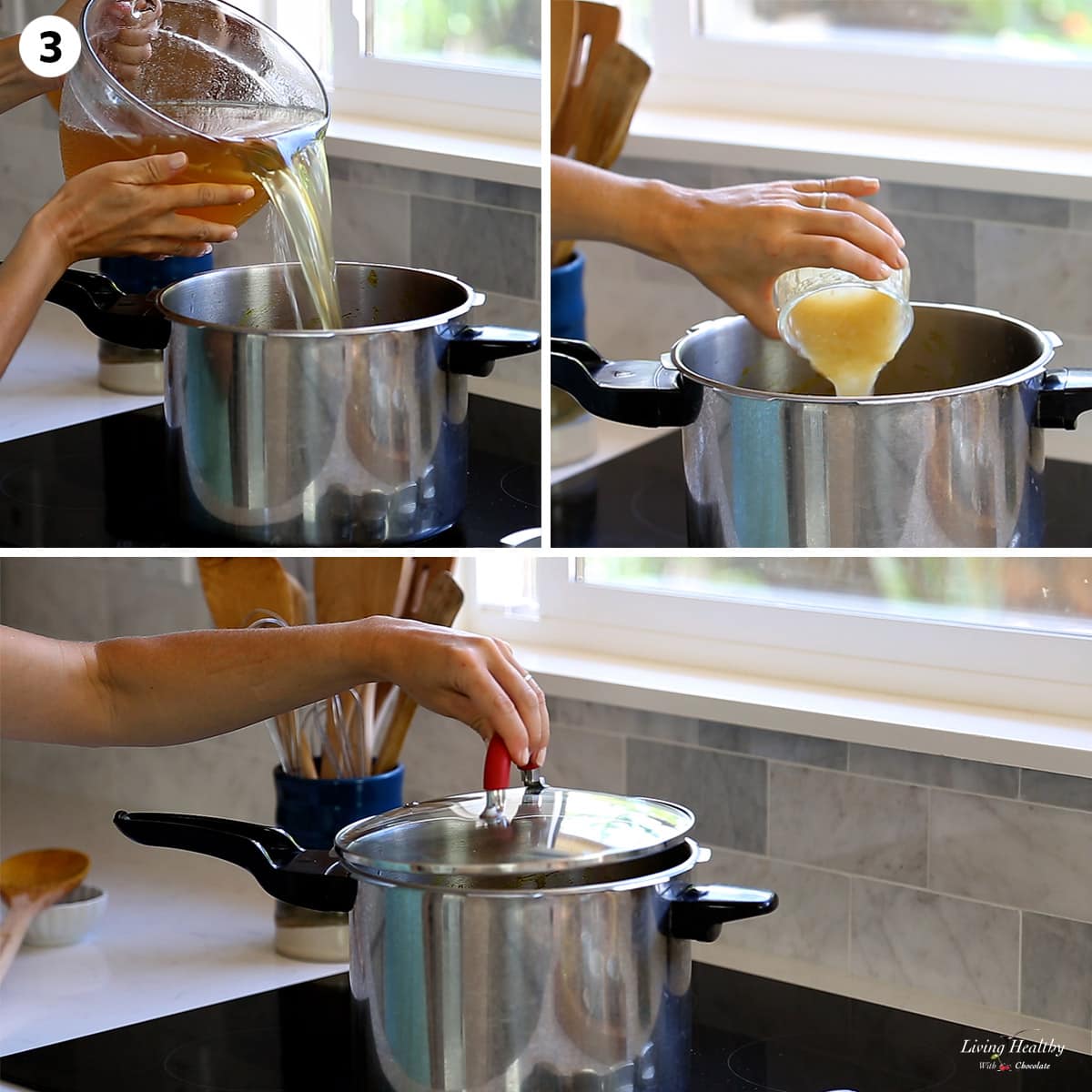 adding broth and applesauce and covering pot with the lid