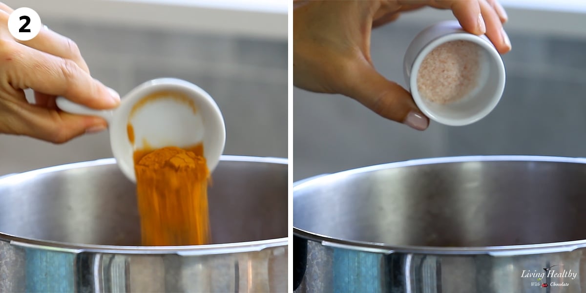 seasoning soup and adding spices and salt to pot