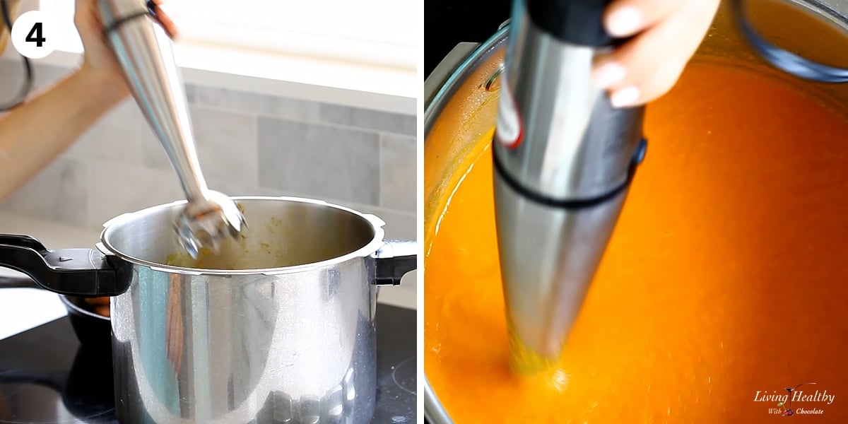 pureeing ingredients in the pot using an immersion blender