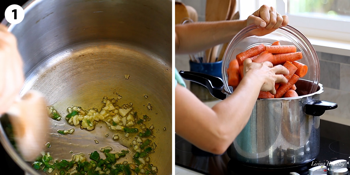 collage of recipe step 1 sautéing garlic and jalapeño on left and adding carrot to pot on right