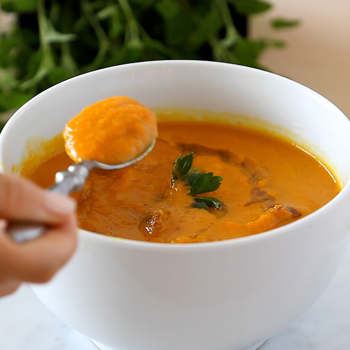 a spoonful of soup taken from a bowl of carrot apple soup 