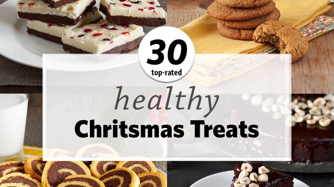 collage of four Christmas desserts including peppermint bar, pinwheel cookies, hazelnut cake and ginger cookies