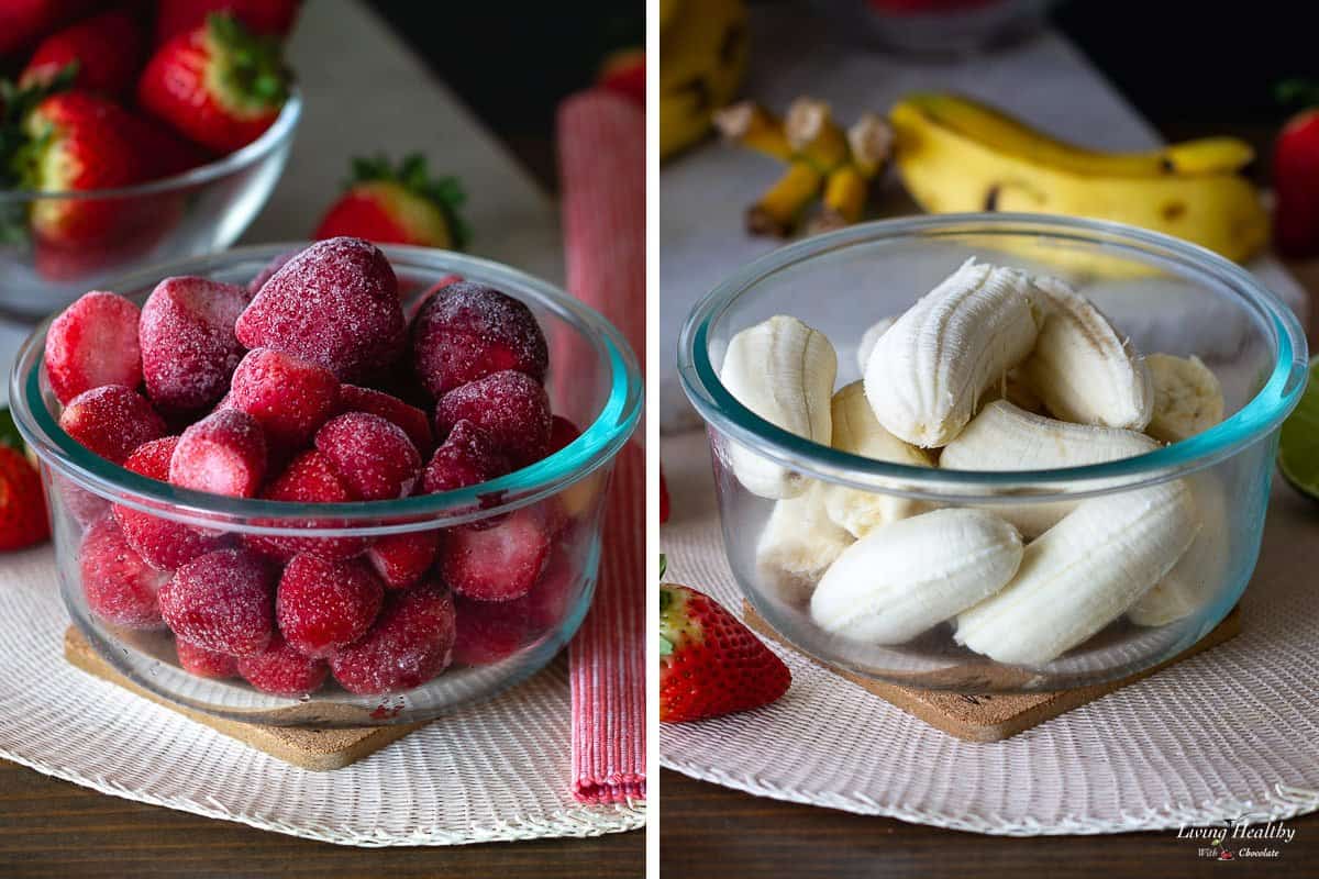 collage of two photos with a glass container filled with frozen strawberries on the left and fresh bananas on the right.