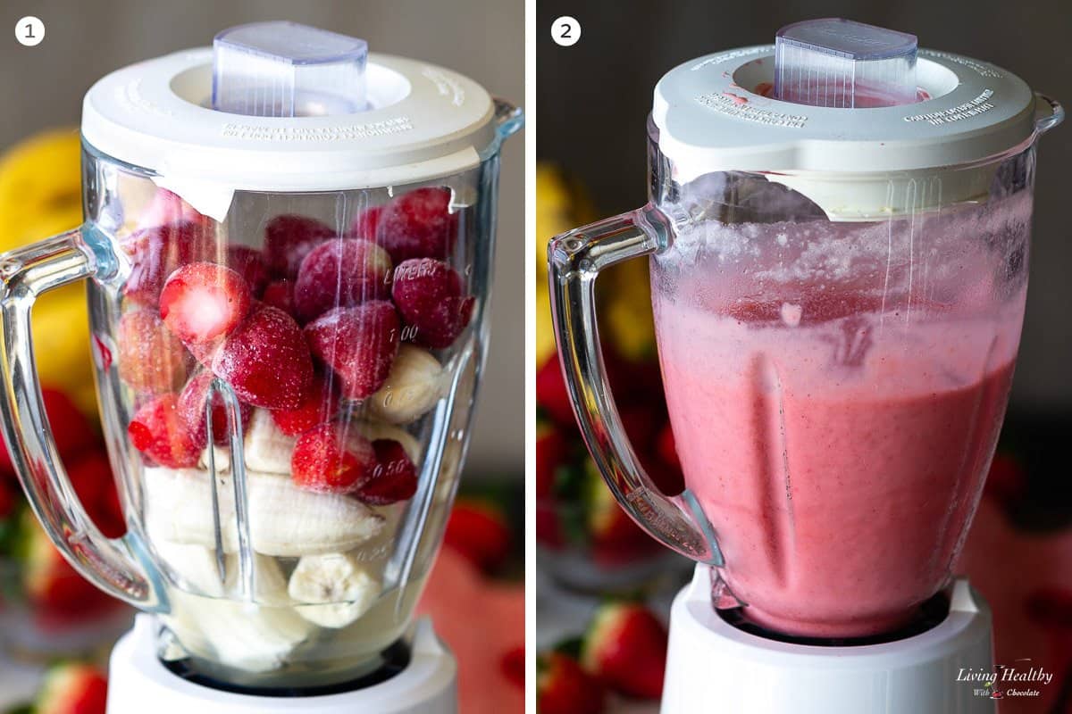 collage of two photos with a blender filled with frozen strawberries and bananas on the left and then blended on the right.
