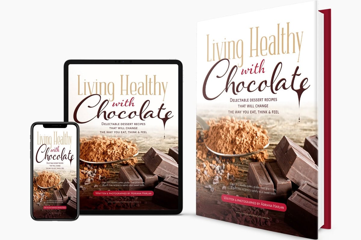 Living Healthy with Chocolate book cover on print tablet and smart phone